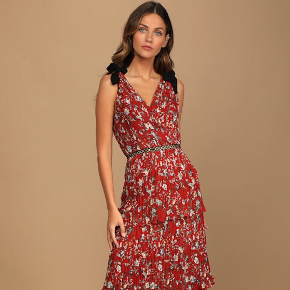 Lulus Such Sophistication Rust Red Floral Print Pleated Maxi Dress - Size L